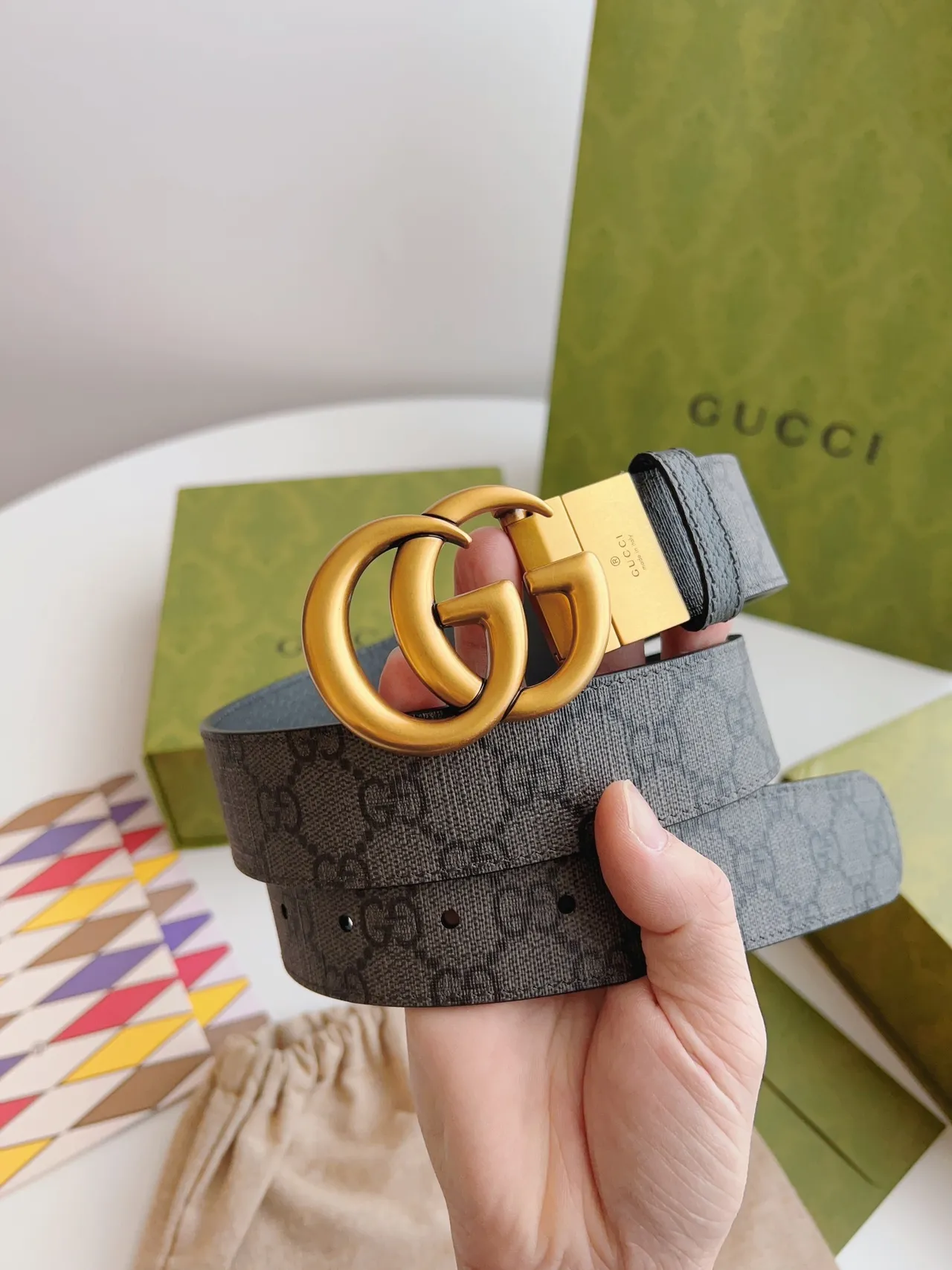 Gucci Double G Belt Gray Gold Interlocking Buckle Pebbled Front Leather Belt 6