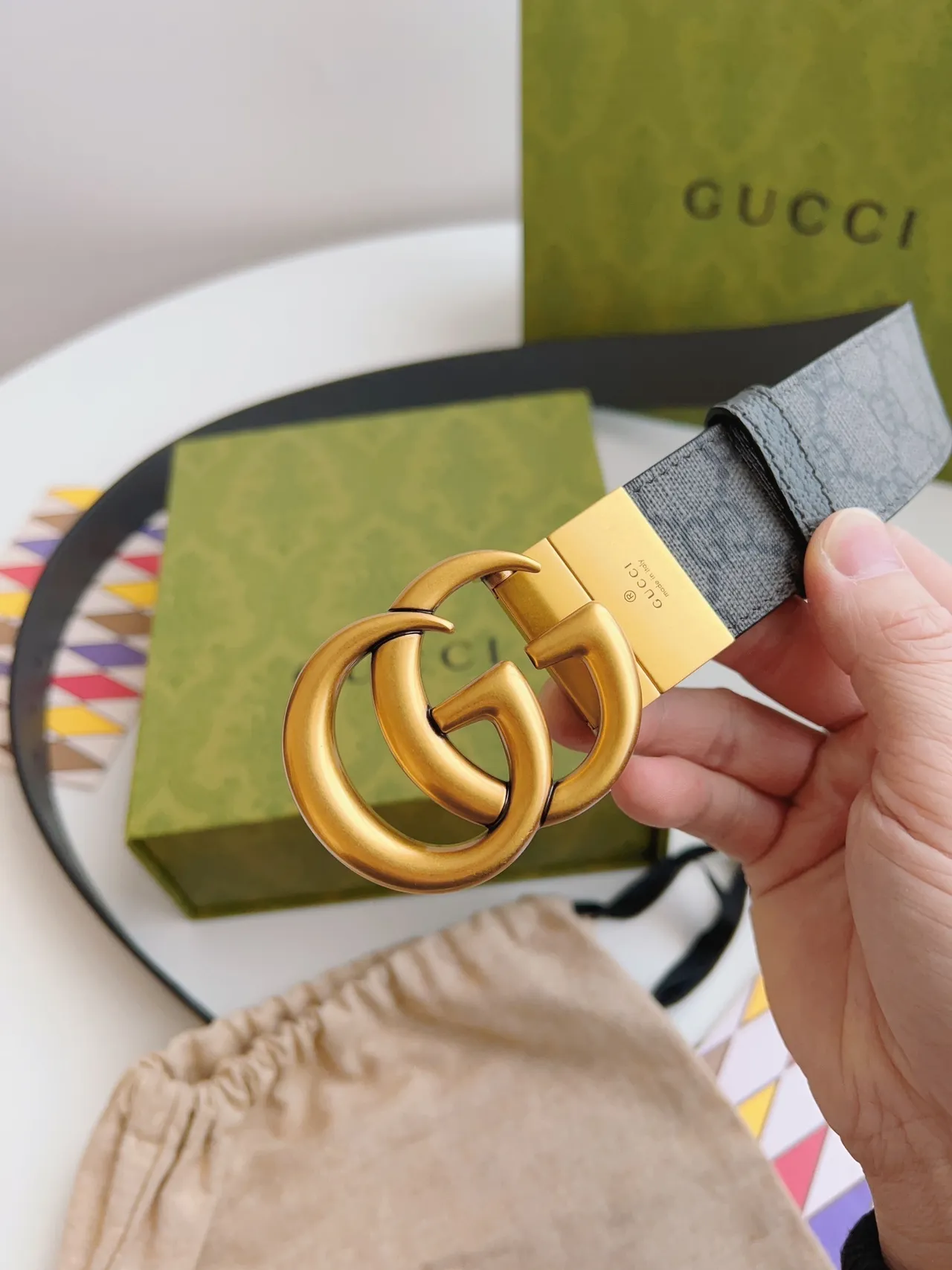 Gucci Double G Belt Gray Gold Interlocking Buckle Pebbled Front Leather Belt 7