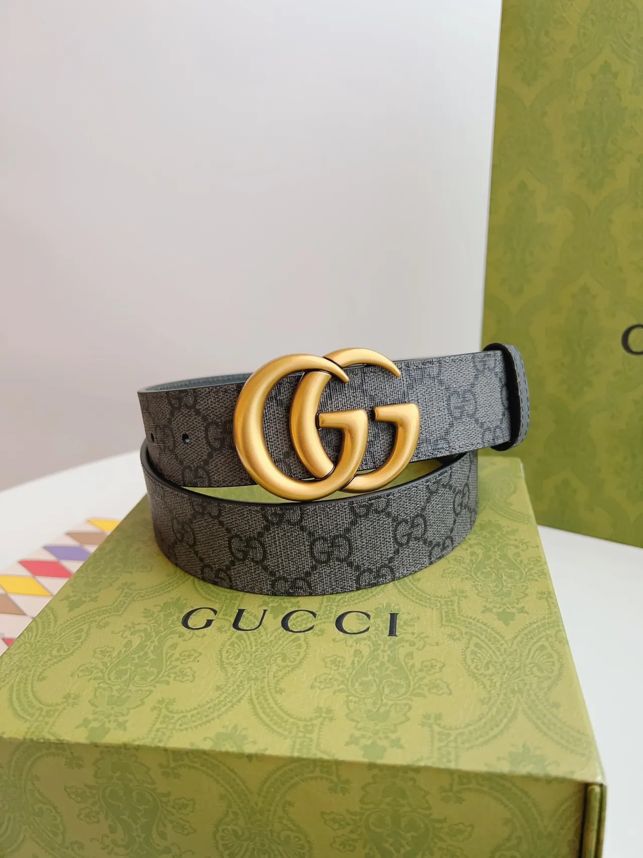 Gucci Double G Belt Gray Gold Interlocking Buckle Pebbled Front Leather Belt 8