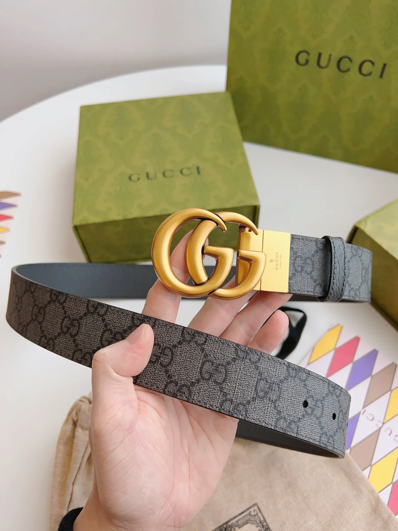 Gucci Double G Belt Gray Gold Interlocking Buckle Pebbled Front Leather Belt 9