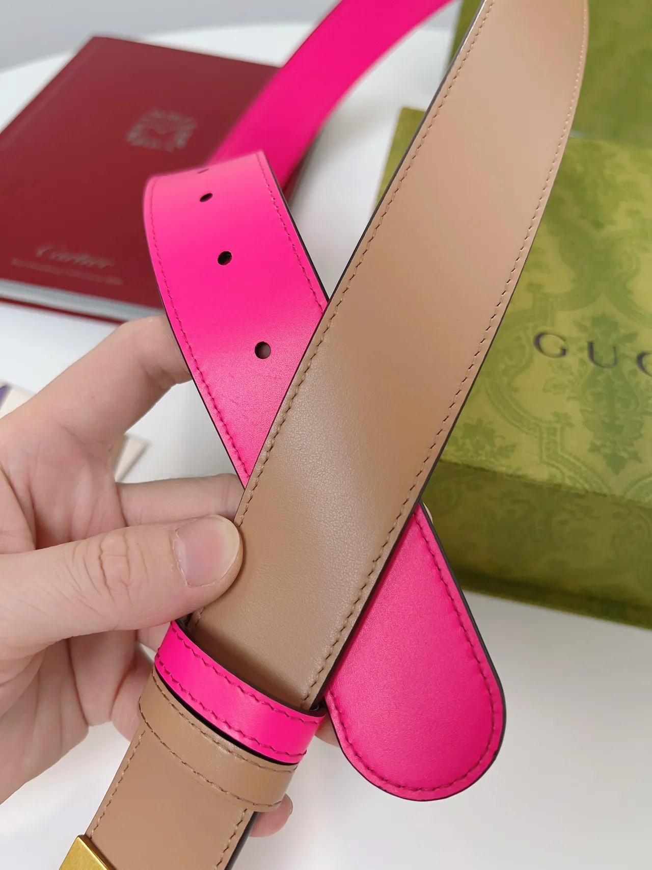 Gucci Double G Belt 可逆转粉色和米色皮革腰带 2