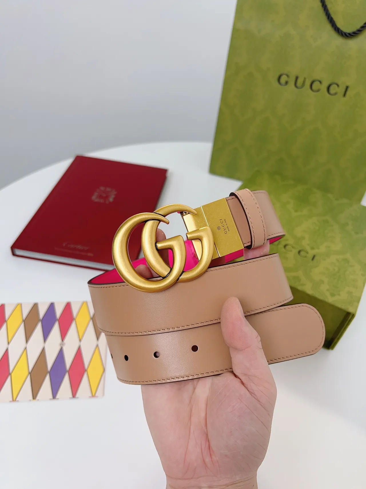 Gucci Double G Belt 可逆转粉色和米色皮革腰带 6