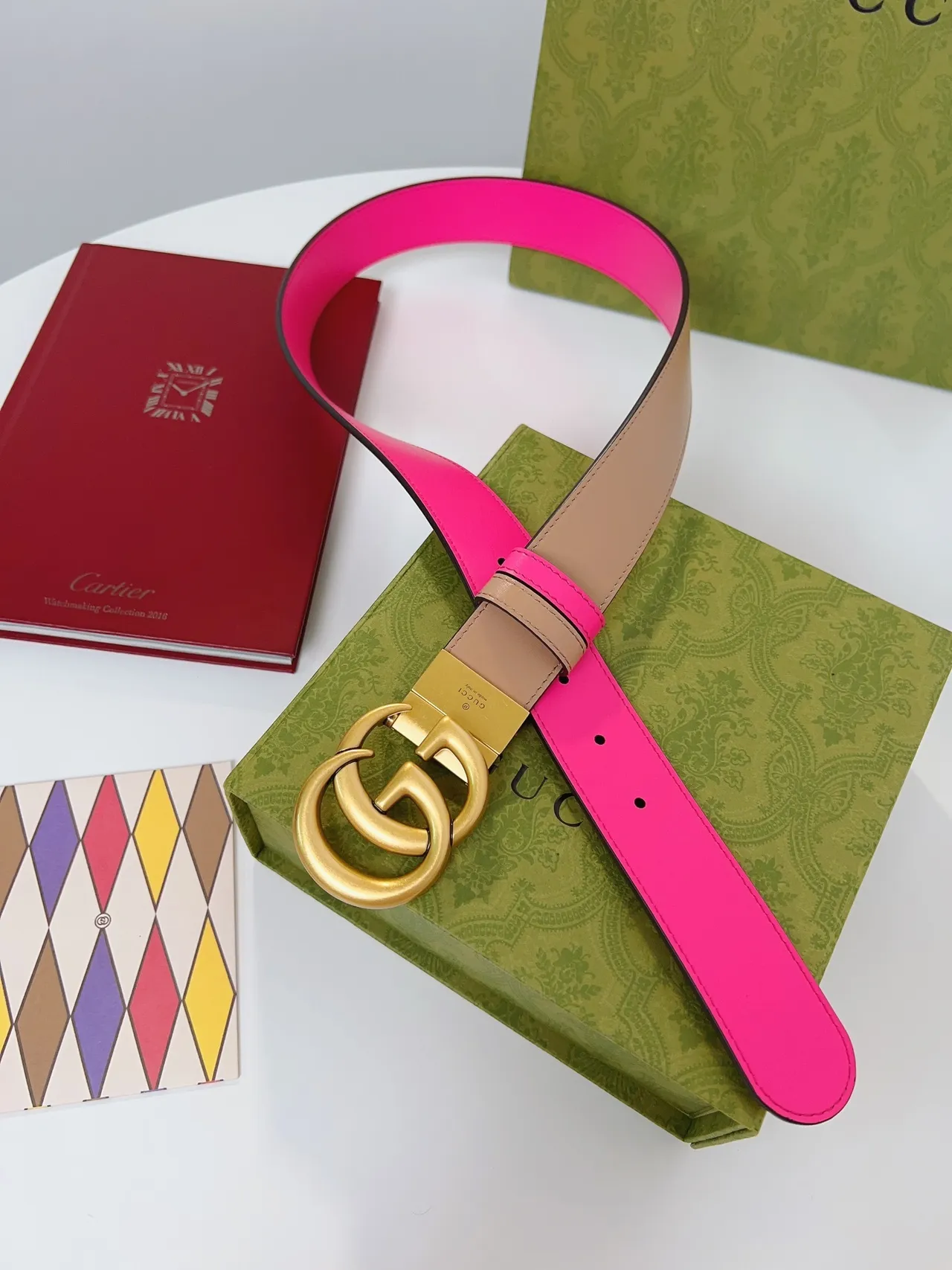 Gucci Double G Belt 可逆转粉色和米色皮革腰带 7