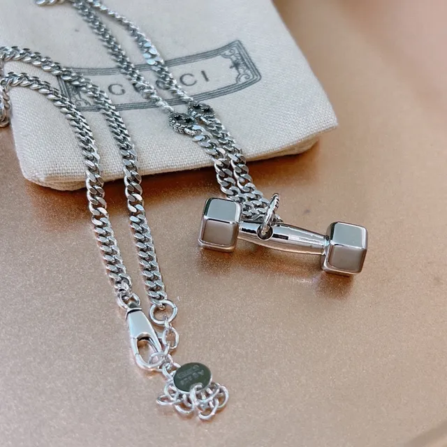 Gucci Dumbbell Pendant Silver Curb Chain Necklace 2