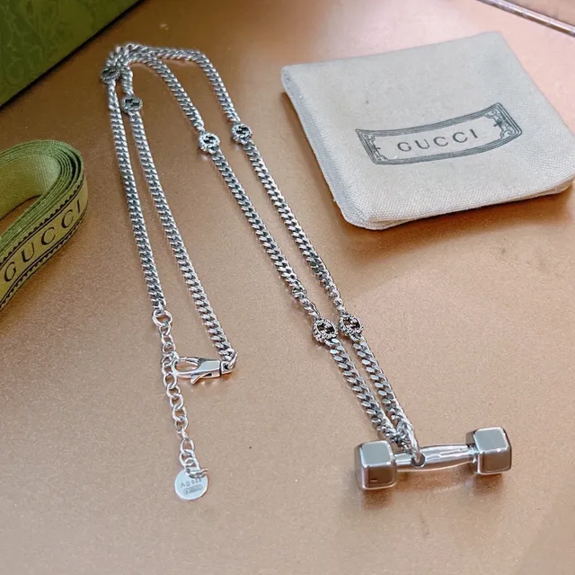 Gucci Dumbbell Pendant Silver Curb Chain Necklace 3