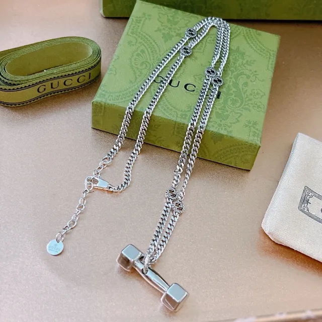 Gucci Dumbbell Pendant Silver Curb Chain Necklace 9