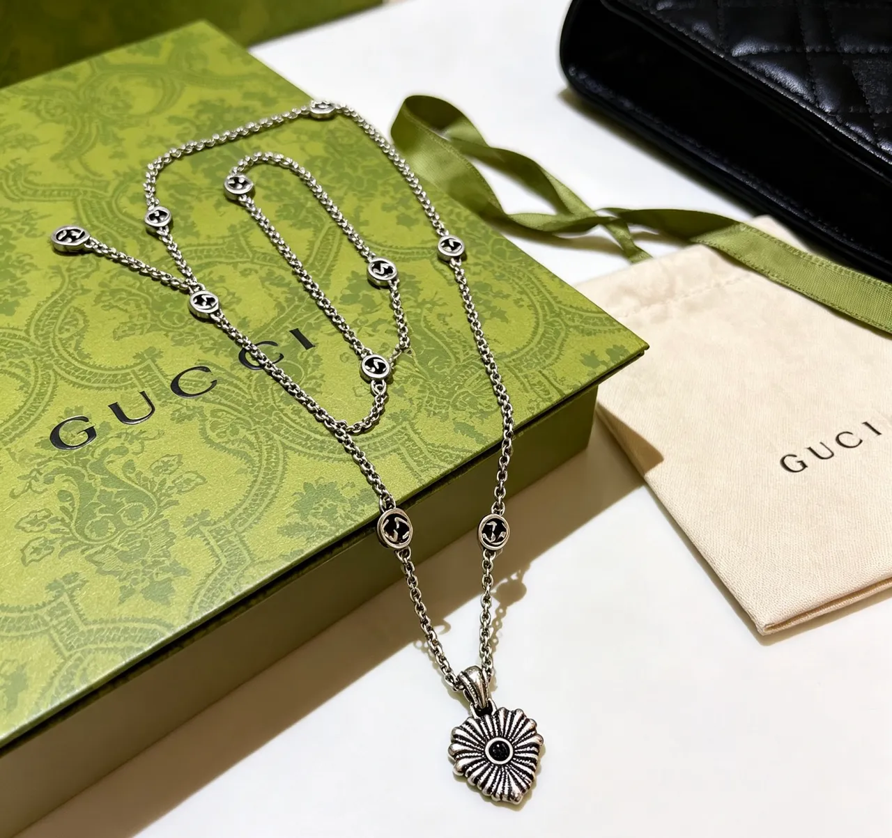 Gucci Floral Eye Silver Black Chain Sunburst Pendant Necklace 2