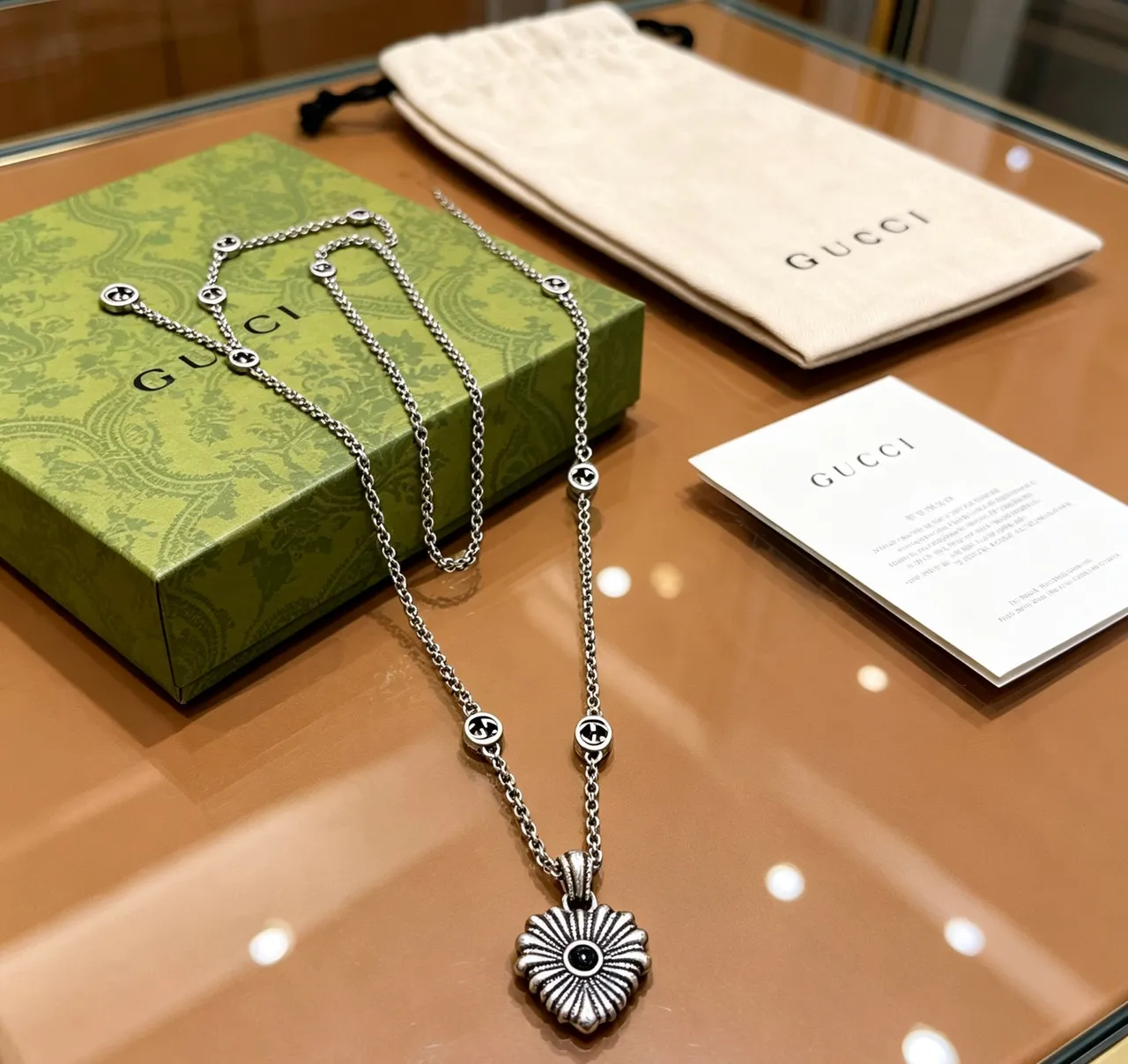 Gucci Floral Eye Silver Black Chain Sunburst Pendant Necklace 4