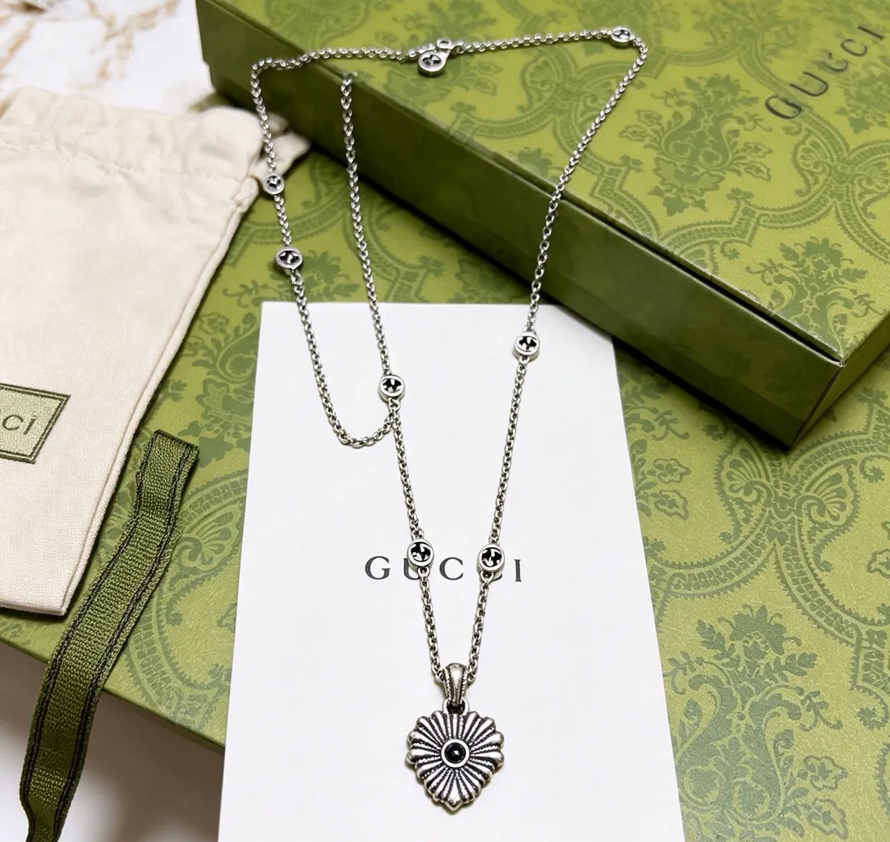 Gucci Floral Eye Silver Black Chain Sunburst Pendant Necklace 5