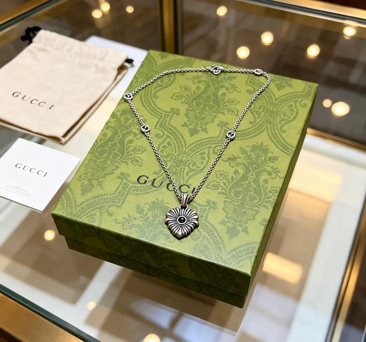 Gucci Floral Eye Silver Black Chain Sunburst Pendant Necklace 6
