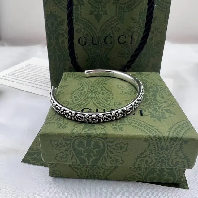 Gucci Floral GG Interlocking G Silver Cuff Bracelet 3