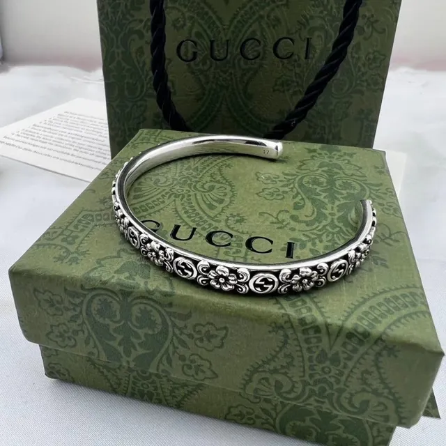 Gucci Floral GG Interlocking G Silver Cuff Bracelet 5