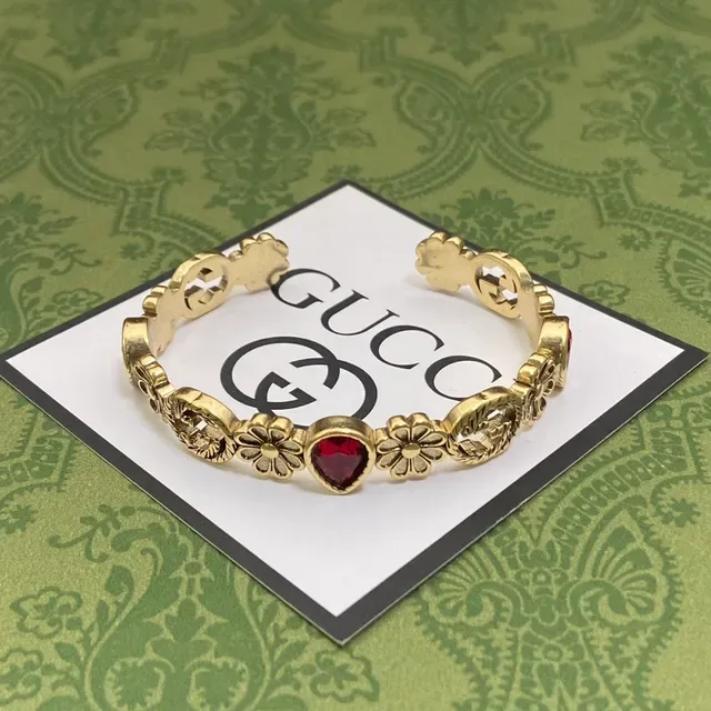 Gucci Floral Motif Gold-Tone Red Gemstone Bracelet 5