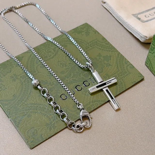 Gucci Geometric Cross Pendant Silver Necklace 4