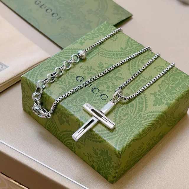 Gucci Geometric Cross Pendant Silver Necklace 9