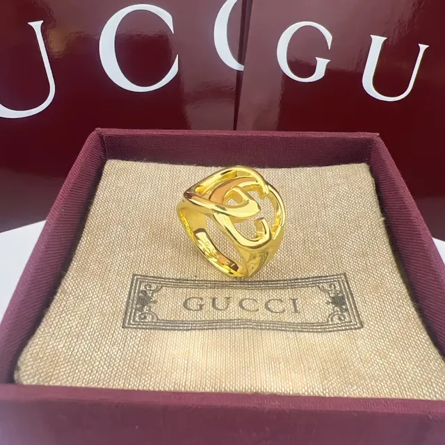 Gucci GG Interlocking 双G 银金色 粗犷雕塑 宽带戒指 7
