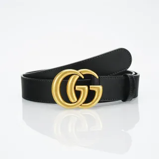 Gucci GG Marmont काला सोना इंटरलॉकिंग डबल जी बकल चिकनी चमड़ी का बेल्ट