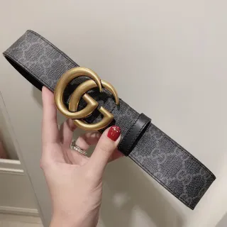 Gucci GG Marmont Black Gold Wide Monogram Canvas Strap Interlocking Buckle Leather Belt