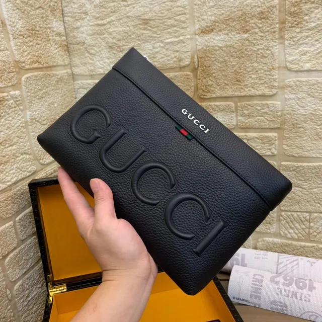 Gucci GG Marmont Black Pebbled Leather Envelope Clutch 7