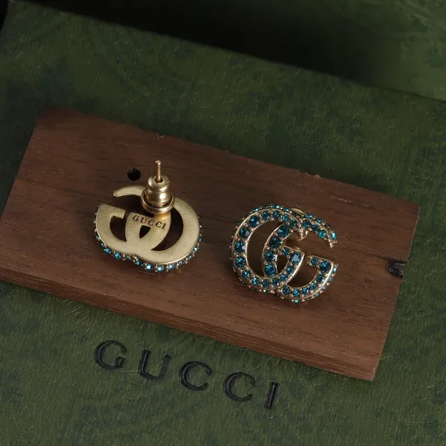 Gucci GG Marmont Blue Crystal Interlocking G Stud Earrings 2
