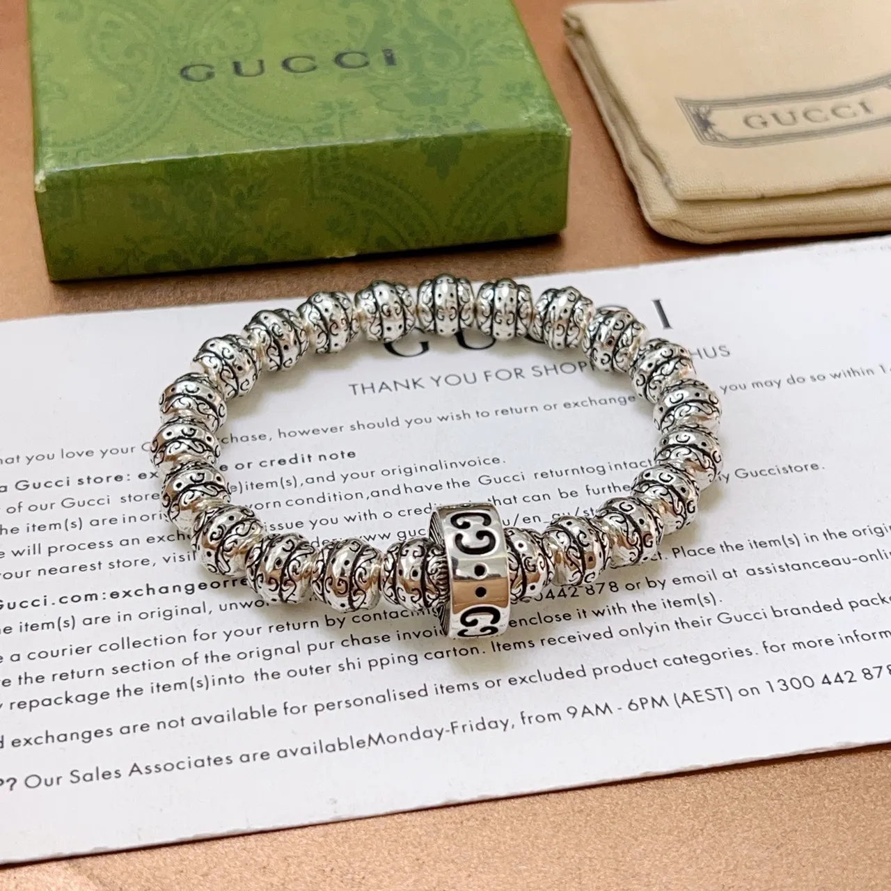 Gucci GG Marmont Bracelet Silver Black Ornate Filigree Beads Interlocking G Charm Bracelet 2