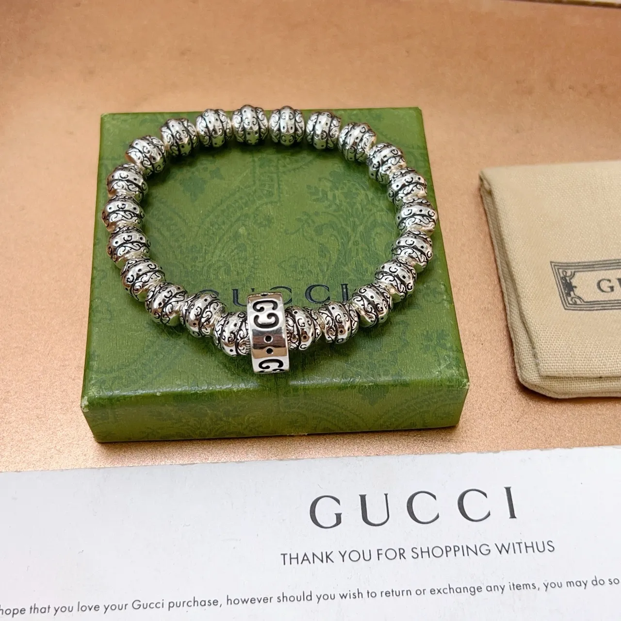 Gucci GG Marmont Bracelet Silver Black Ornate Filigree Beads Interlocking G Charm Bracelet 3