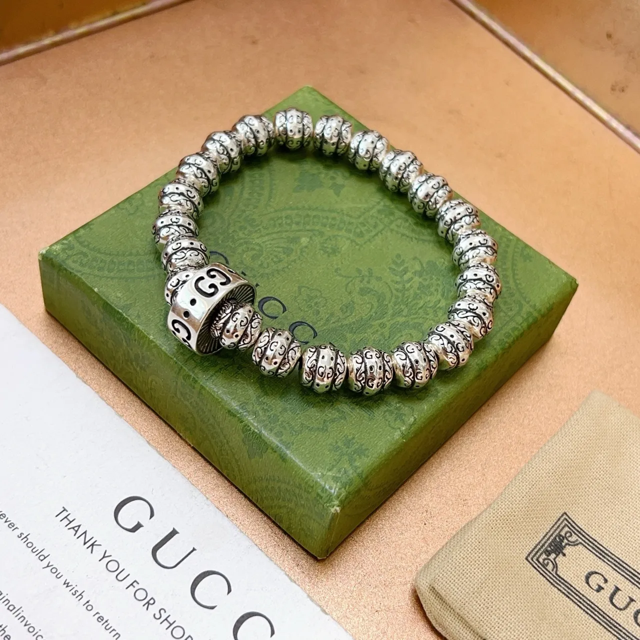 Gucci GG Marmont Bracelet Silver Black Ornate Filigree Beads Interlocking G Charm Bracelet 5