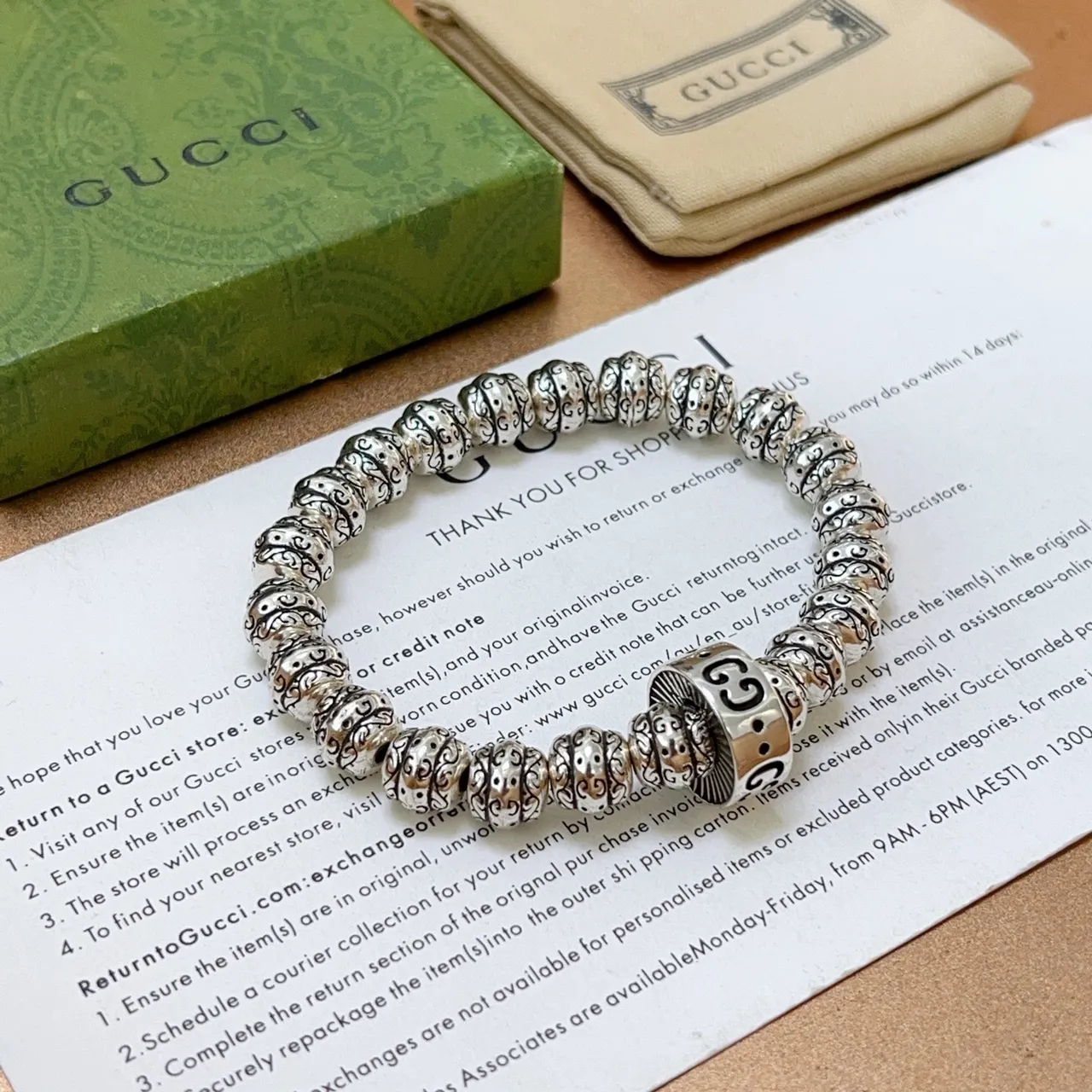 Gucci GG Marmont Bracelet Silver Black Ornate Filigree Beads Interlocking G Charm Bracelet 6