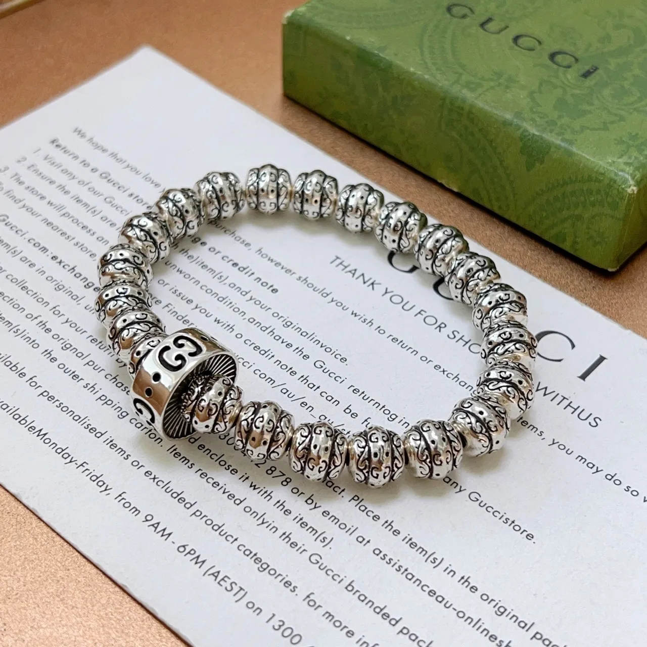 Gucci GG Marmont Bracelet Silver Black Ornate Filigree Beads Interlocking G Charm Bracelet 9