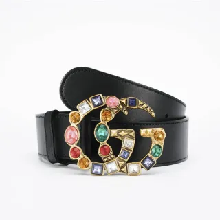 Gucci GG Marmont Crystal-Embellished Black Leather Belt