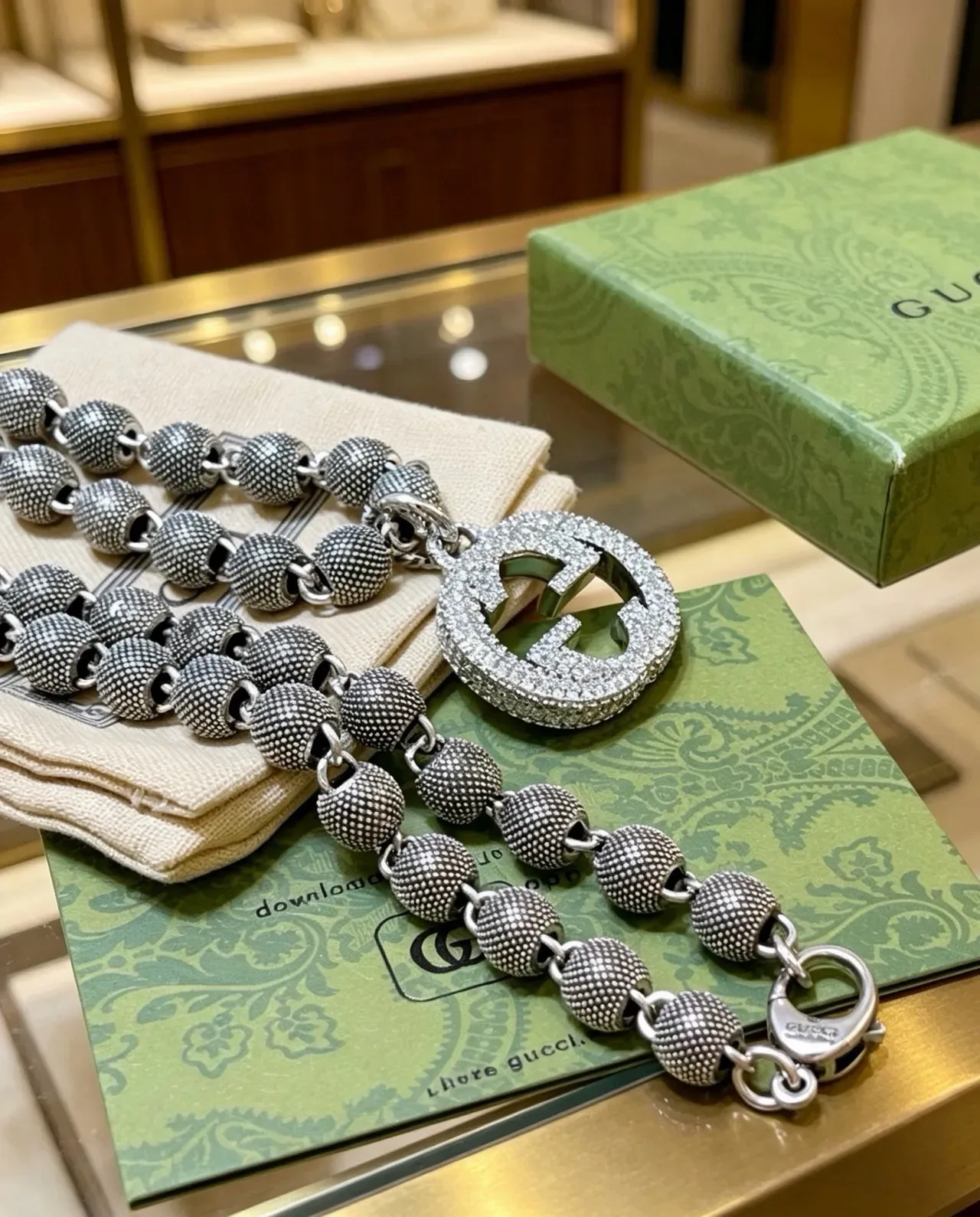 Gucci GG Marmont Crystal-Encrusted Interlocking G Beaded Chain Necklace 4