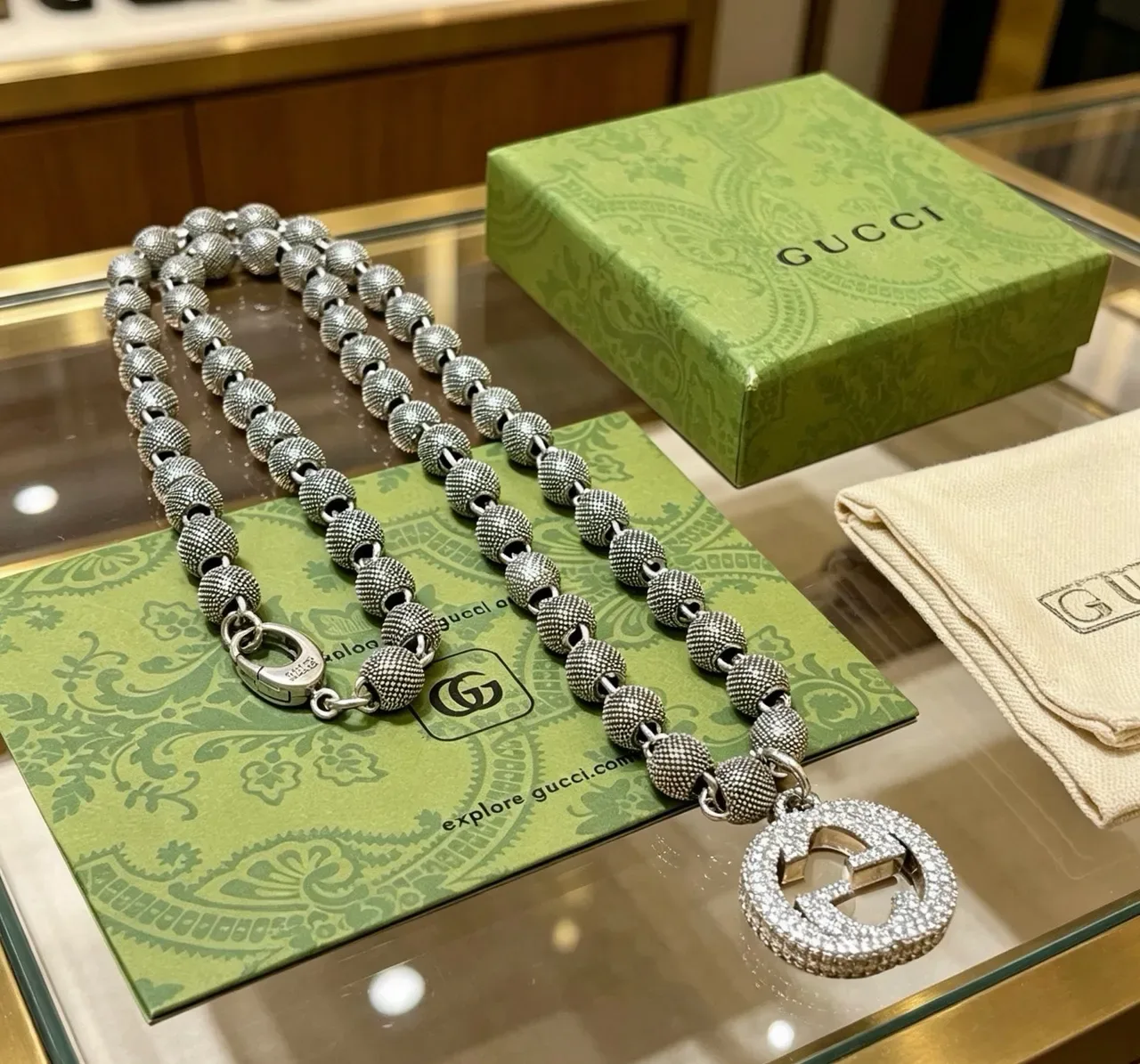 Gucci GG Marmont Crystal-Encrusted Interlocking G Beaded Chain Necklace 5