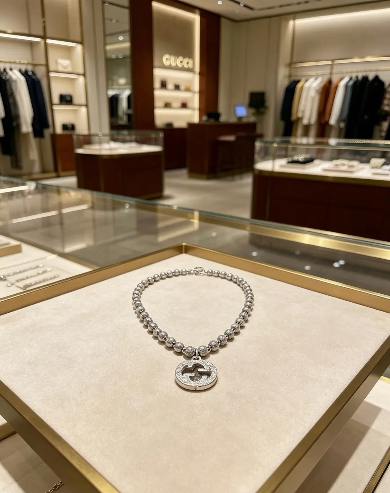 Gucci GG Marmont Crystal-Encrusted Interlocking G Beaded Chain Necklace 9