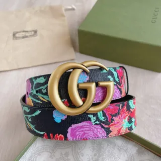 Gucci GG Marmont ফ্লোরাল-প্রিন্ট কালো চামড়ার বেল্ট