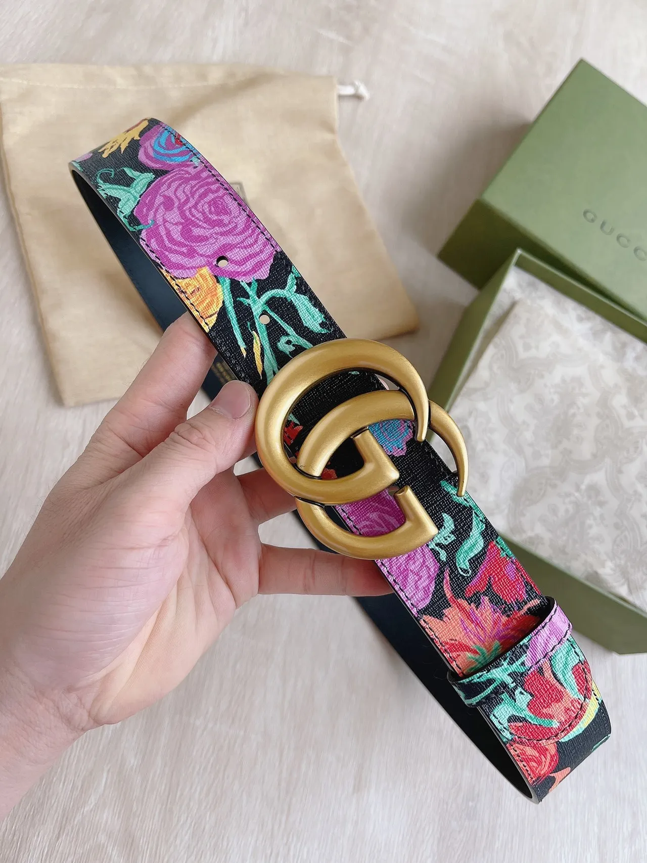 Gucci GG Marmont ফ্লোরাল-প্রিন্ট কালো চামড়ার বেল্ট 7