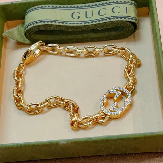 Gucci GG Marmont Gold-Tone Crystal Interlocking G Chain Bracelet 9