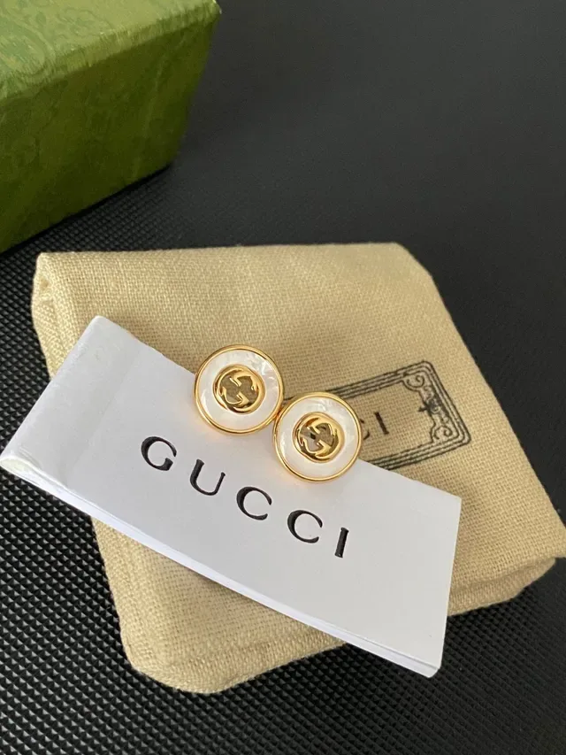 Gucci GG Marmont Gold-Tone Mother-of-Pearl Interlocking G Stud Earrings 2
