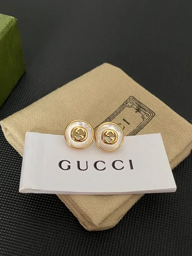 Gucci GG Marmont Gold-Tone Mother-of-Pearl Interlocking G Stud Earrings 4