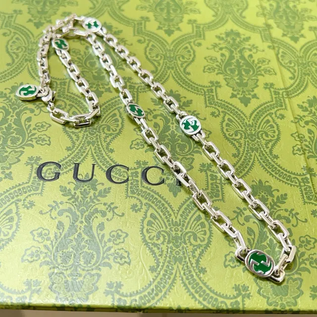 Gucci GG Marmont Green Enamel Interlocking G Chain Necklace 4