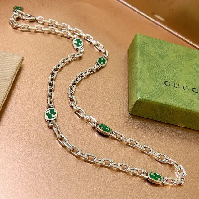Gucci GG Marmont Green Enamel Interlocking G Chain Necklace 6
