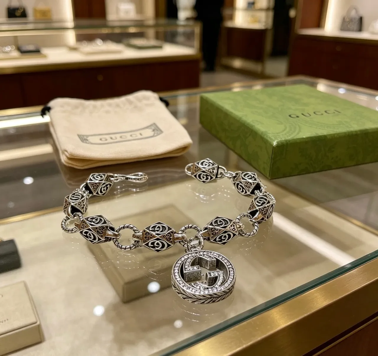 Gucci GG Marmont-Inspired Interlocking G Bead and Pavé Pendant Bracelet 2