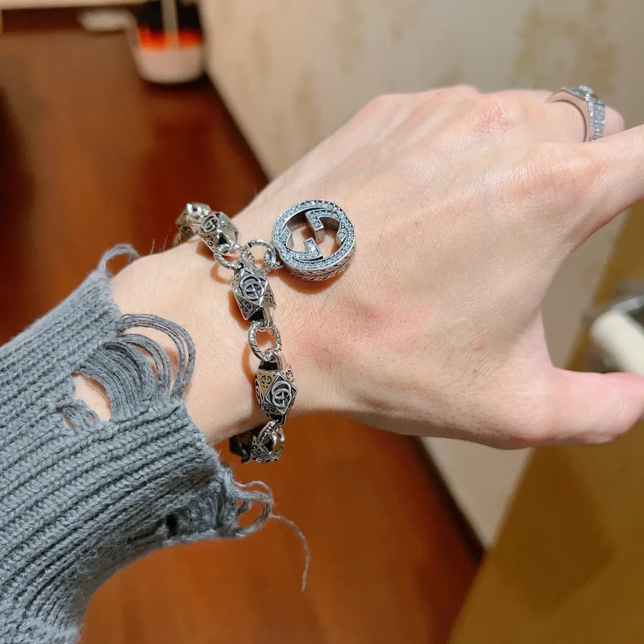 Gucci GG Marmont-Inspired Interlocking G Bead and Pavé Pendant Bracelet 4