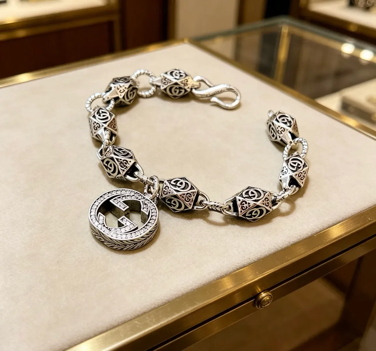 Gucci GG Marmont-Inspired Interlocking G Bead and Pavé Pendant Bracelet 9