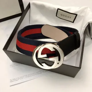 Gucci GG Marmont Navy Red Interlocking G Buckle Web Stripe Leather Belt