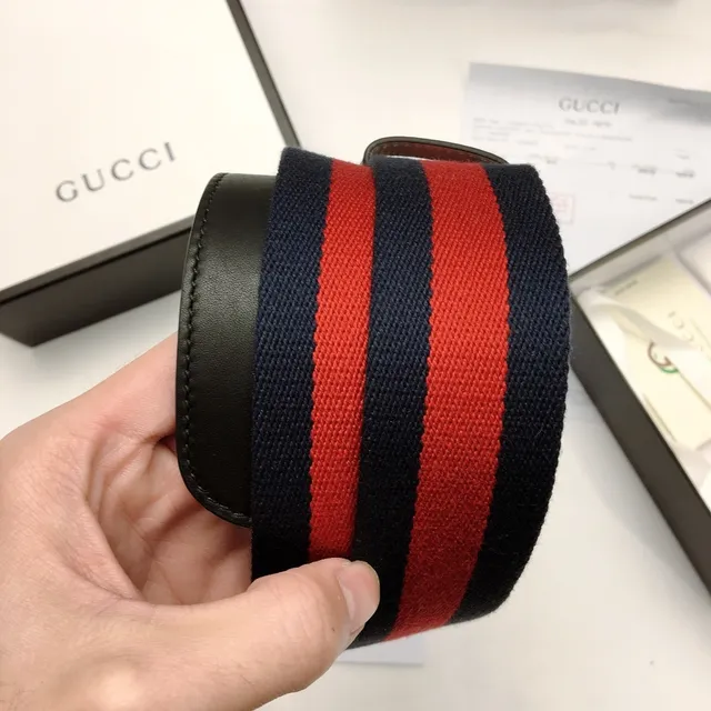 Gucci GG Marmont Navy Red Interlocking G Buckle Web Stripe Leather Belt 2