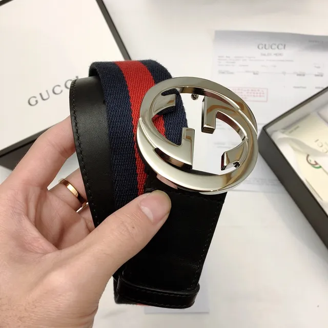 Gucci GG Marmont Navy Red Interlocking G Buckle Web Stripe Leather Belt 3