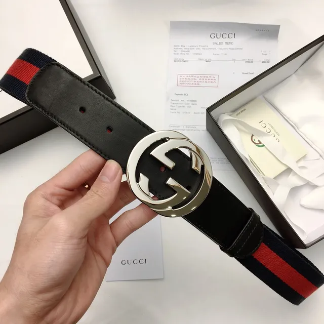 Gucci GG Marmont Navy Red Interlocking G Buckle Web Stripe Leather Belt 5