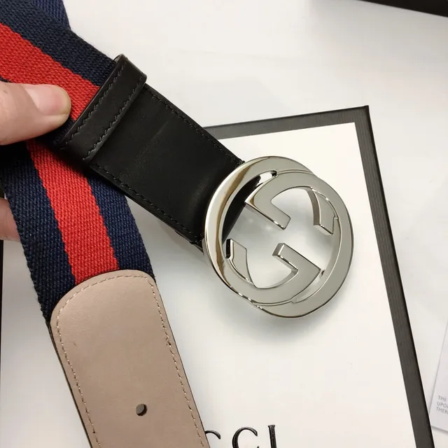 Gucci GG Marmont Navy Red Interlocking G Buckle Web Stripe Leather Belt 8