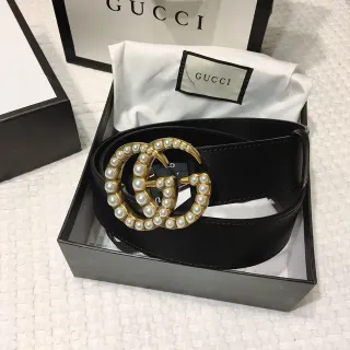 Gucci GG Marmont Pearl-Embellished Gold-Tone Black Leather Belt