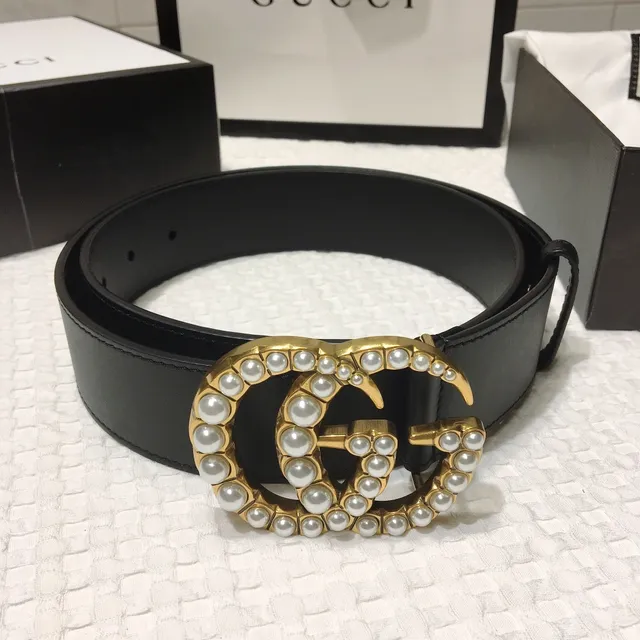 Gucci GG Marmont Pearl-Embellished Gold-Tone Black Leather Belt 2